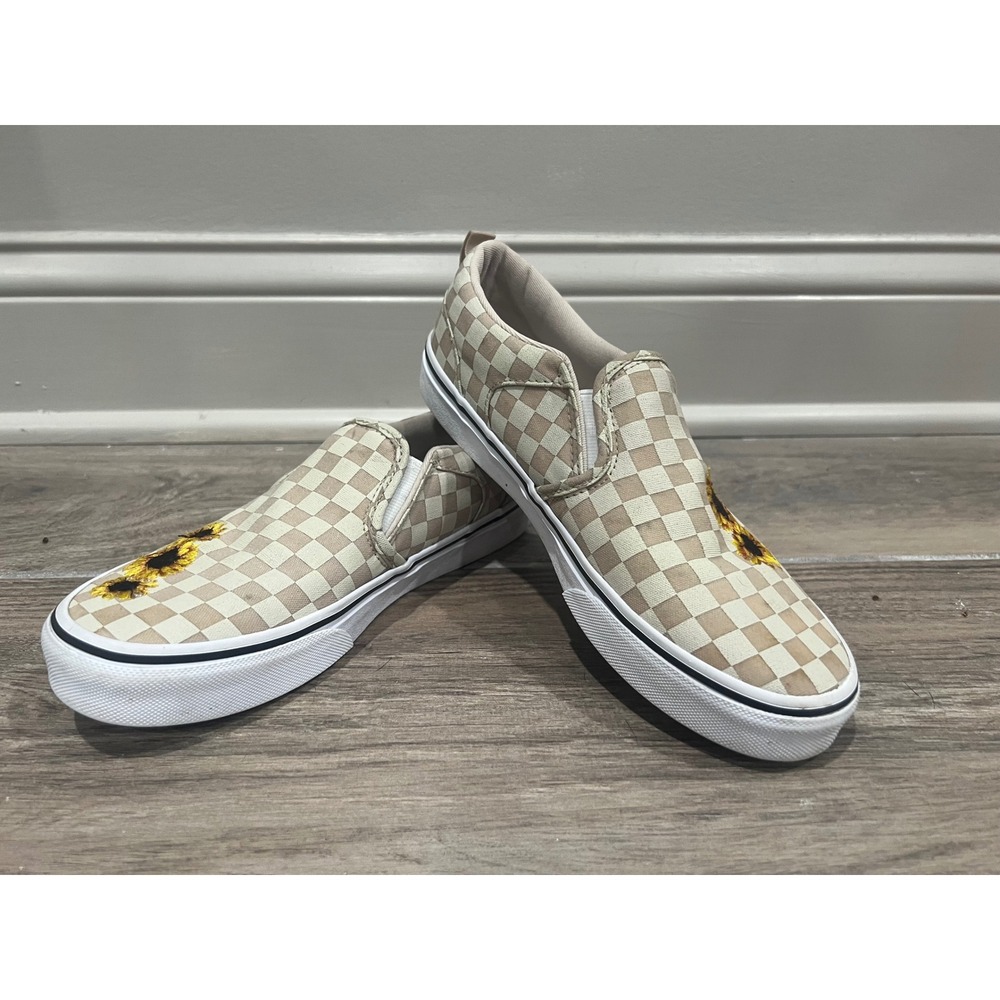 Vans Slip On Shoes Womens 5/Mens 3.5 Checkerboard Sunflower Floral Skate Sneaker